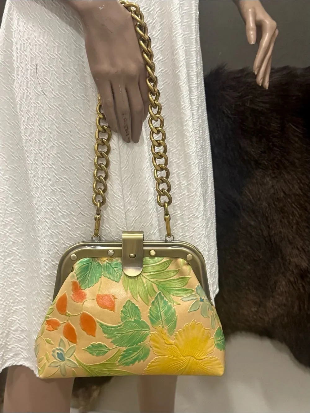 Floral Embossed Cowhide Handmade Unique Rivet Frame Bag, Retro Style Leather Bag